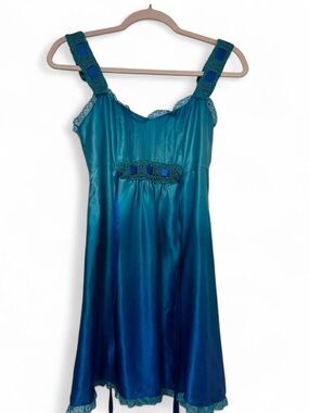 Betsey Johnson Teal Blue Satin Lace-Trim dress